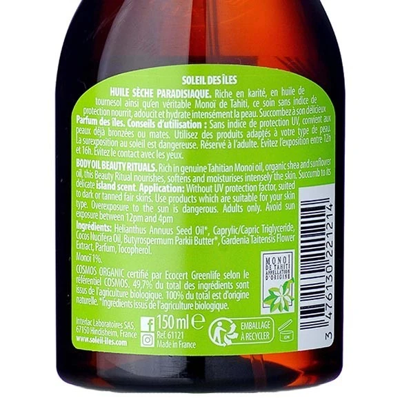 Huile Seche Paradisiaque Bio Soleil Des Iles 150ml 4 Huile Seche Paradisiaque Bio Soleil Des Iles 150ml – Image 4