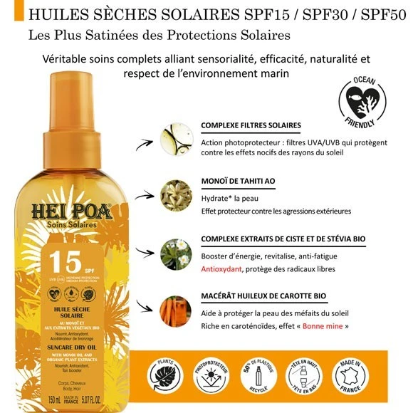 Huile Seche Solaire 150mL Monoi Hei Poa SPF15 3 Huile Seche Solaire 150mL Monoi Hei Poa SPF15 – Image 3