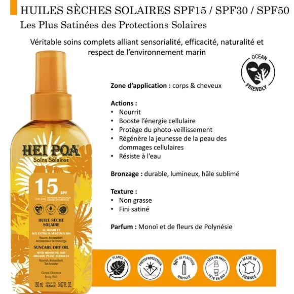 Huile Seche Solaire 150mL Monoi Hei Poa SPF15 4 Huile Seche Solaire 150mL Monoi Hei Poa SPF15 – Image 4