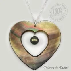 Pendentif Grand Coeur De Perle De Tahiti Chaine Argent TT420