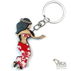 Porte Cles Bois Varua Pacific Danseuse Pareo Rouge Pc4